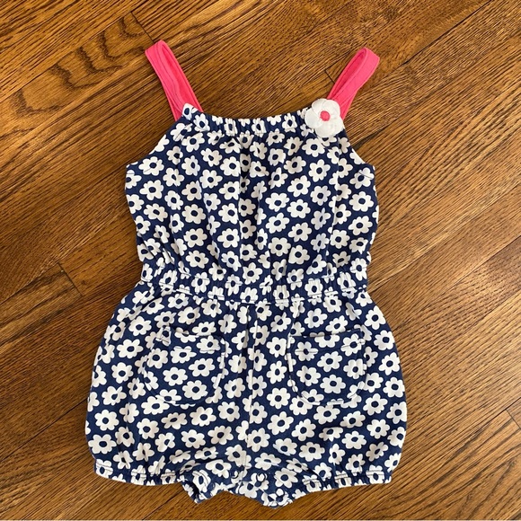 Gymboree Other - Gymboree 12-18 Month Blue and White Retro Flower Romper with Pink Straps